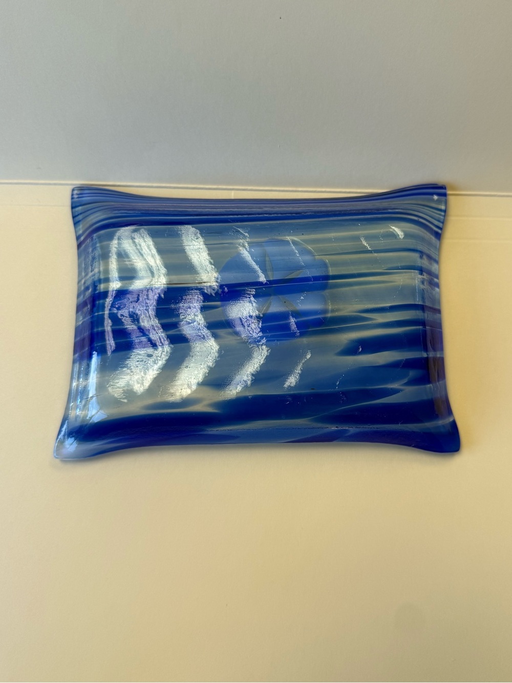 Blue Striped Fused Glass Decorative Trinket Tray with White Sand Dollar Accent. - Picture 7 of 9